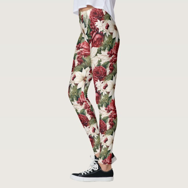 Vintage Rustic jul Flowers löv Mönster Leggings (Vänster)