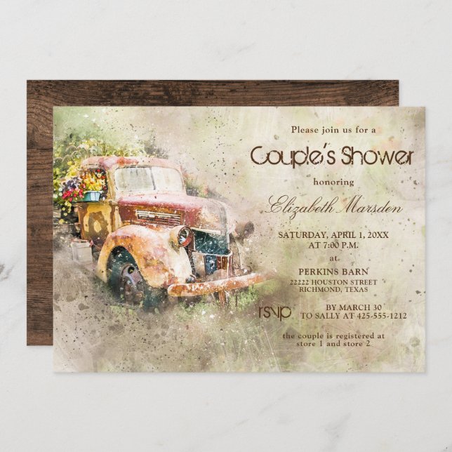 Vintage Rustic Lastbil Trendig Couples Shower Inbjudningar (Fram/baksida)