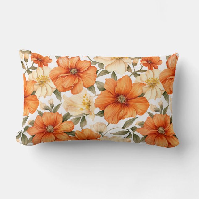 Vintage Rustic Orange - höstblommor Mönster Lumbarkudde (Framsida)
