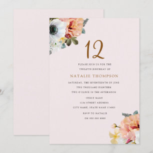 Vintage Rustic Peach Blommigt 12:e Birthday Inbjud Inbjudningar