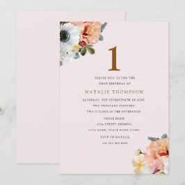 Vintage Rustic Peach Blommigt 1:a födelsedag Inbju Inbjudningar