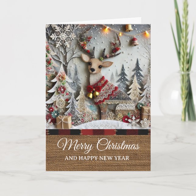 Vintage Rustic Reindeer Merry Christmas  Kort (Framsida)