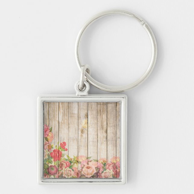 Vintage Rustic Romantic Ro Wood Fyrkantig Silverfärgad Nyckelring (Framsidan)