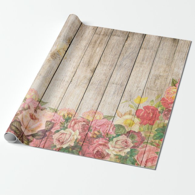 Vintage Rustic Romantic Ro Wood Presentpapper (Utrullad)