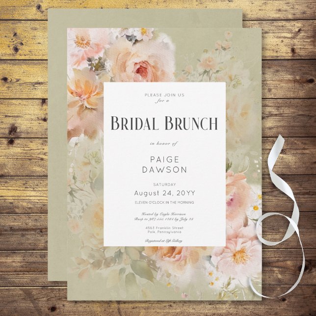 Vintage Rustic Sage Blommigt Ram Möhippa Brunch Inbjudningar (Vintage Rustic Sage Floral Frame Bridal Brunch Invitation)