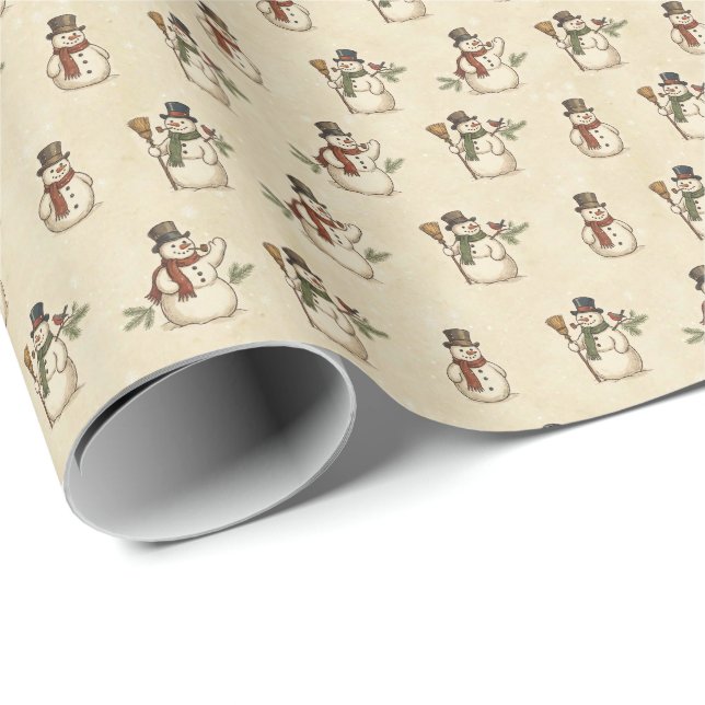 Vintage Rustic Snowman Wrapping Paper Presentpapper (Rullad Hörn)