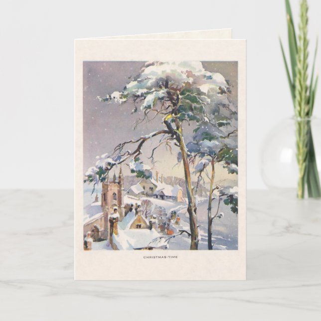 Vintage Rustic Snowy Winter Chistmas Village Helgkort (Framsida)