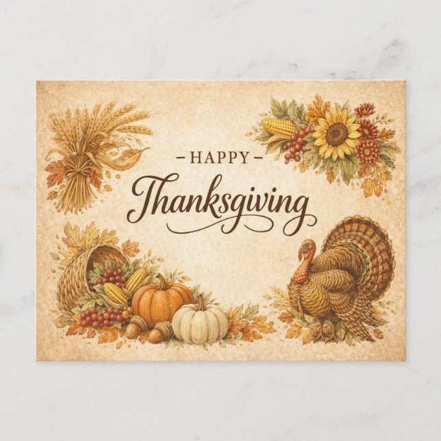 Vintage Rustic Thanksgiving Turkey Harvest  Helg Vykort (Framsida)
