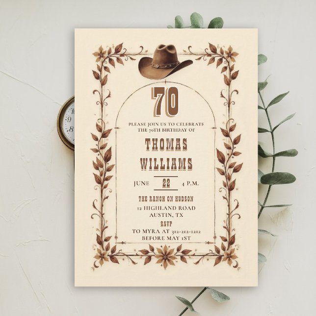 Vintage Rustic Western Arch Cowboy 70th Birthday  Inbjudningar (cowboy birthday invitation men 70th rustic vintage arch country western husband dad grandpa)