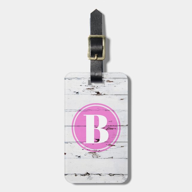 Vintage rustic white wood girly pink monogram bagagebricka (Vertikal Framsida)