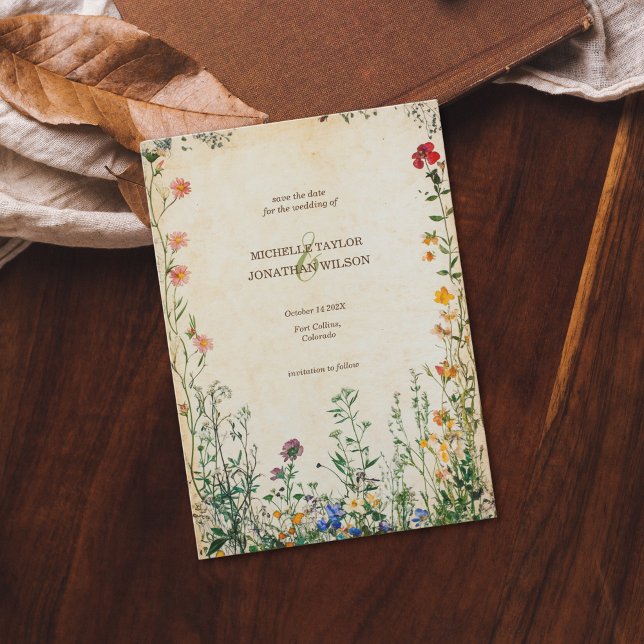 Vintage Rustic Wildblomsterbotaniskt Spara datum Inbjudningar (vintage paper and meadow flowers)
