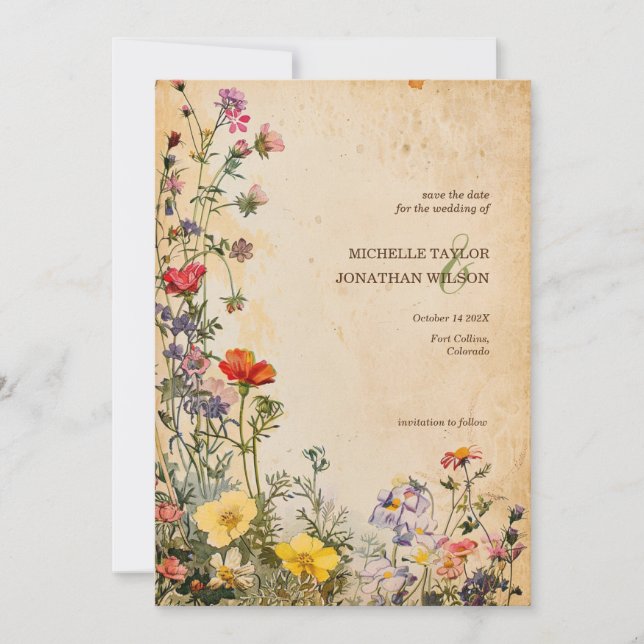 Vintage Rustic Wildblomsterbotaniskt Spara datum Inbjudningar (Framsida)