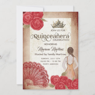 Vintage Rustid hand fläkt ro tiara Quince Inbjudningar