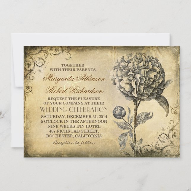 vintage Rustig bröllopsinbjudan med peonbloom Inbjudningar (Framsida)