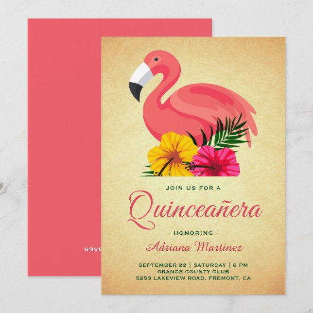 Vintage Rustik Blommig Flamingo Quinceanera Inbjudningar (Fram/baksida)