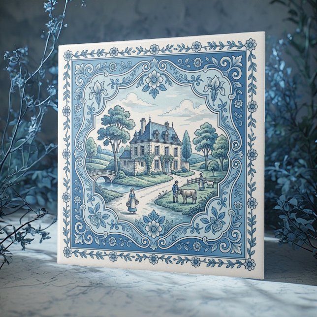 Vintage Rustik Fransk Landstil Blommig Toile Stuga Kakelplatta (Vintage Rustic French Country Floral Toile Cottage Ceramic Tile)