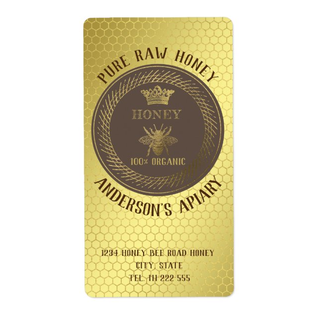 Vintage rustik guld drottningbi honung burk apiary fraktsedel (Framsidan)