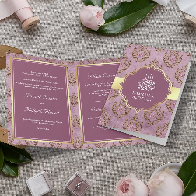 Vintage Rustik Guld Lavendel Damask Muslimsk Bröll Inbjudan (Skapare uppladdad)