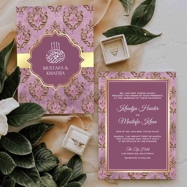 Vintage Rustik Guld Lavendel Damask Muslimsk Bröll Inbjudningar (Skapare uppladdad)