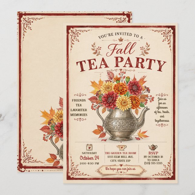Vintage Rustik Höst Tea Party Inbjudningar (Fram/baksida)