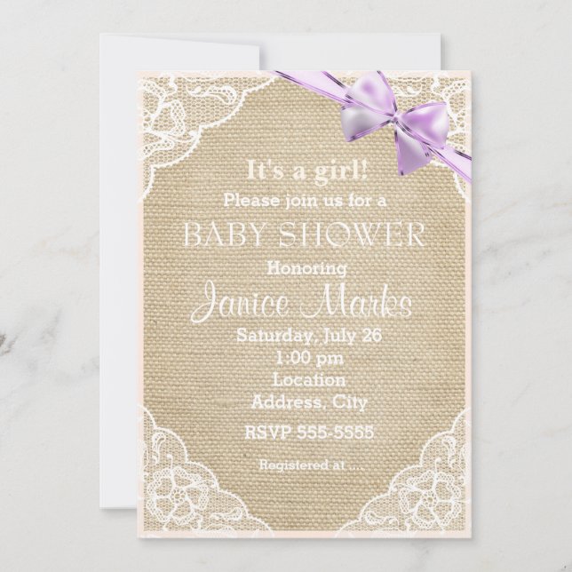 Vintage Rustik Jute Spets Baby Shower Inbjudan (Framsida)