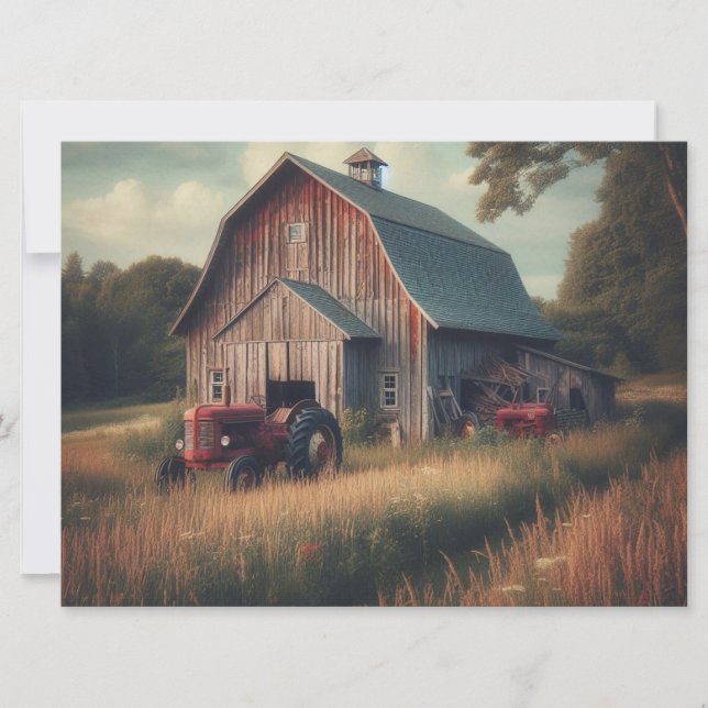 vintage/rustik lada och traktorkonst julkort (Framsida)