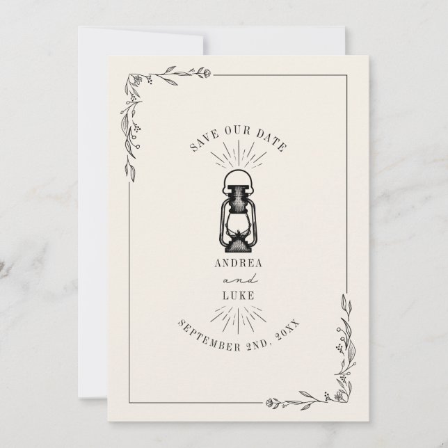 Vintage Rustik Lykta Bröllop Spara Datumet (Framsida)