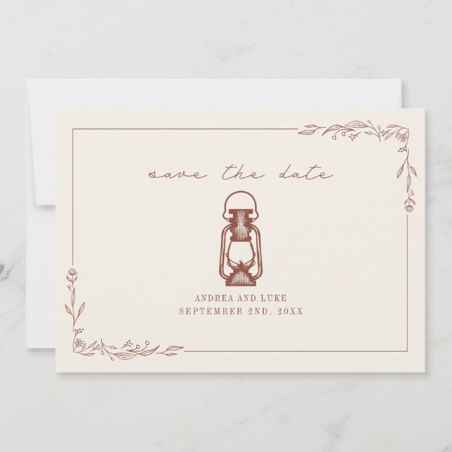 Vintage Rustik Lykta Terracotta Bröllop Spara Spara Datumet (Framsida)