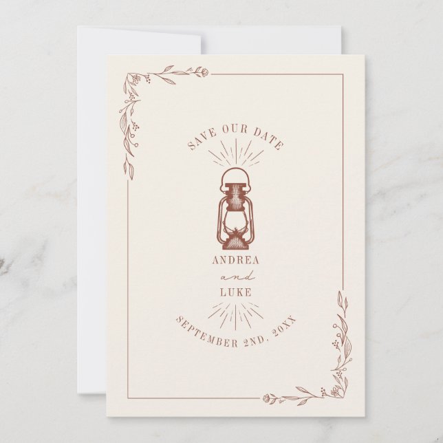 Vintage Rustik Lykta Terrakotta Bröllop Spara Datumet (Framsida)