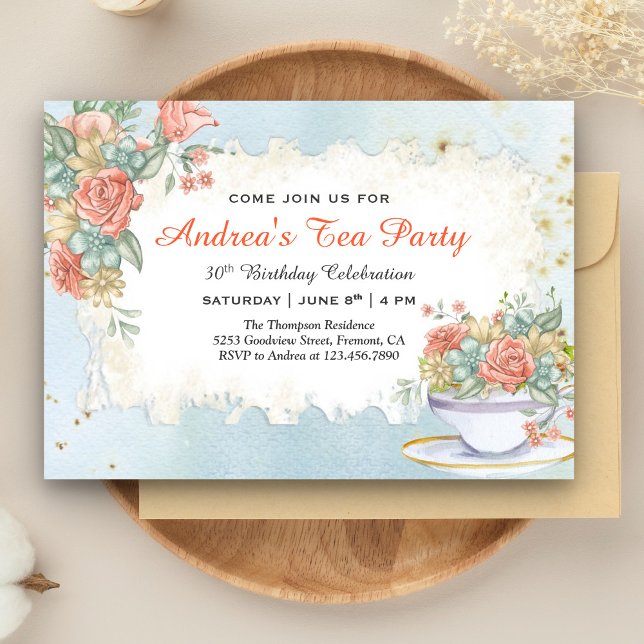 Vintage Rustik Pastell Blommig Födelsedags Teafest Inbjudningar (Skapare uppladdad)