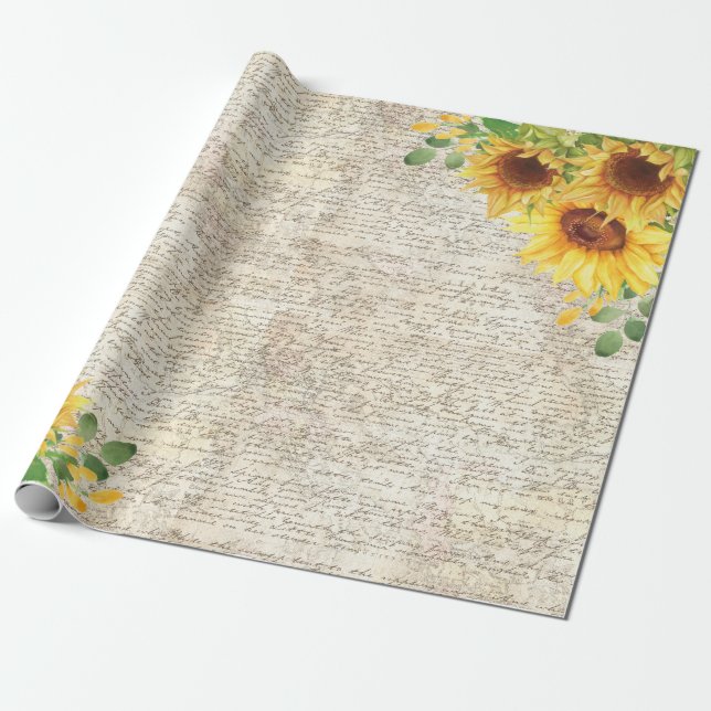 Vintage Rustik solrosblomma Gammal Brev Decoupage  Presentpapper (Utrullad)