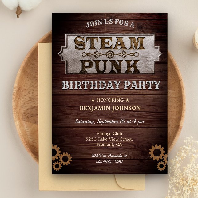 Vintage Rustik Steampunk Födelsedagsfest Inbjudan (Skapare uppladdad)