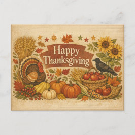 Vintage Rustik Thanksgiving Kalkon Skörd Helg Vykort