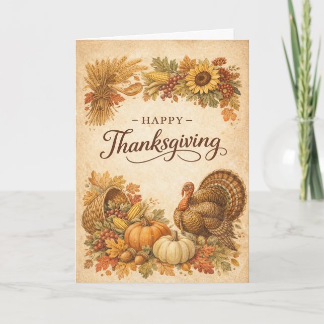 Vintage Rustik Thanksgiving Kalkon Skörd Kort (Framsida)