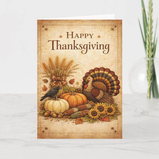 Vintage Rustik Thanksgiving Kalkon Skörd Kort (Framsida)