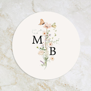 Vintage Rustik Vildblomma Monogram Kuvert Sigill Runt Klistermärke