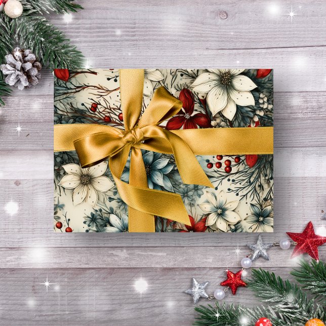 Vintage Rustik vintern, botanisk jul Presentpapper (ELEGANT RED AND WHITE FLORAL CHRISTMAS WRAPPING PAPER )