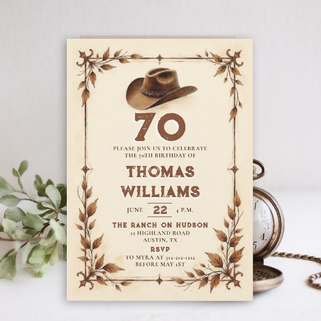 Vintage Rustik Western Blad Cowboy 70-årsdag  Inbjudningar (cowboy birthday invitation men 70th rustic vintage botanical country western husband dad grandpa)