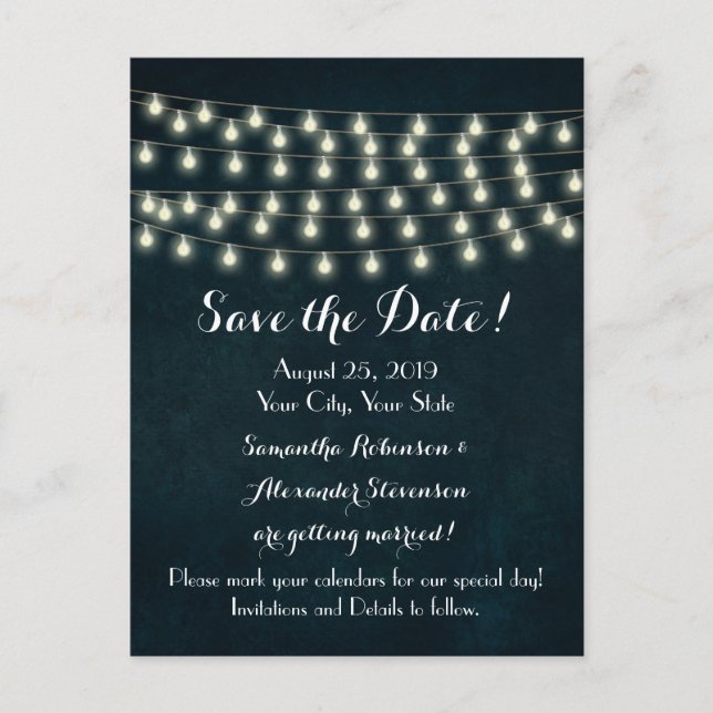 Vintage Rustika Strängljus Navyblå Bröllop Meddelande Vykort (Framsida)