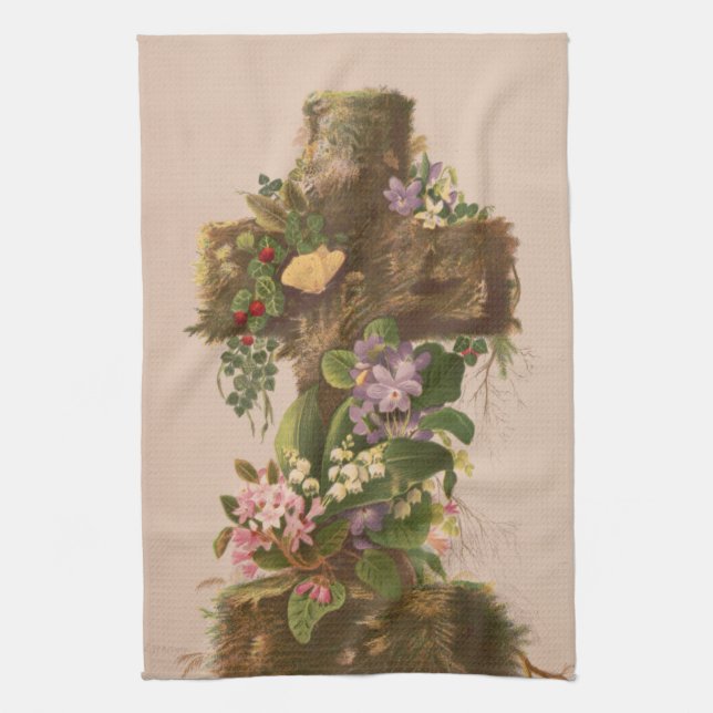 Vintage Rustikalt Blommig Kors, Påskkort, Kökshandduk (Vertikal)