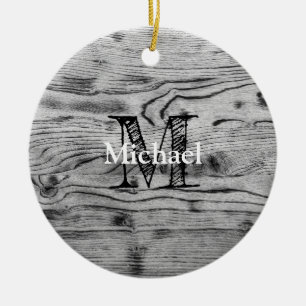 Vintage rustikt grått svart bränt trä Monogram Julgransprydnad Keramik