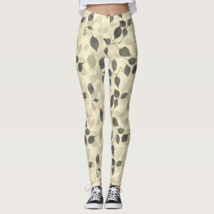 Vintage Rustikt Mönster med Gröna Blad på Krämvit Leggings