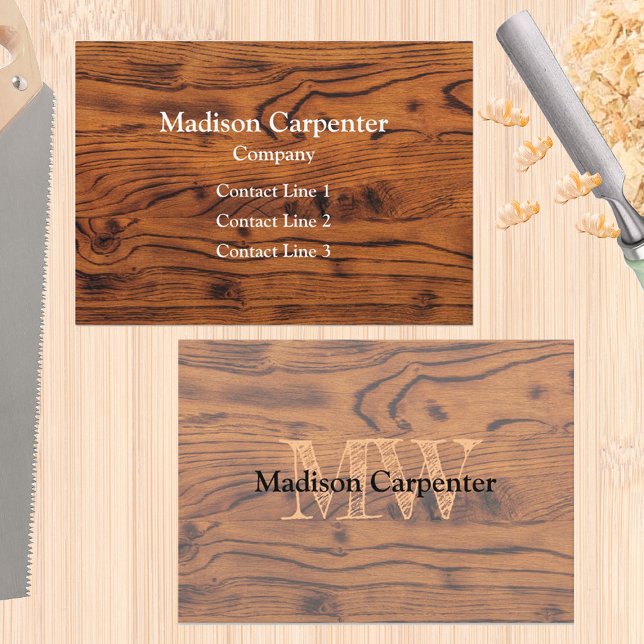 Vintage Rustit brunbränt trä Carpenter Monogram Visitkort (Custom business card for men, carpenter, wood worker, handy man... )