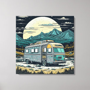 Vintage RV i bergen med fullt måne Canvastryck