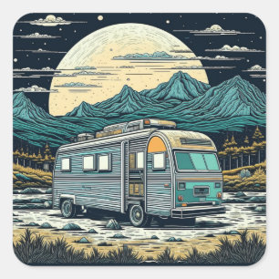 Vintage RV i bergen med fullt måne Fyrkantigt Klistermärke