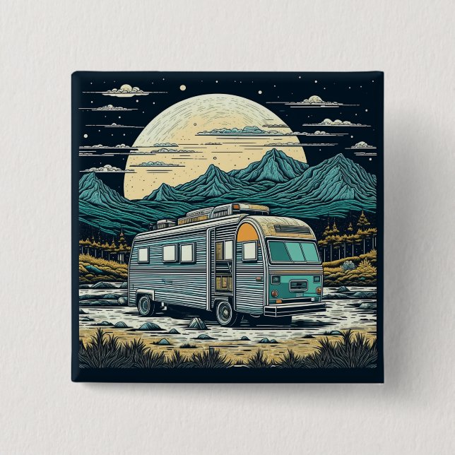 Vintage RV i bergen med fullt måne Knapp (Framsida)