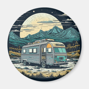 Vintage RV i bergen med fullt måne Magnet