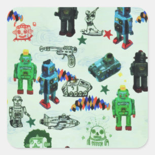 Vintage Rymden Robot Watercolor Fyrkantigt Klistermärke