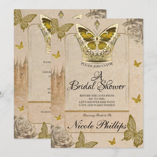 Vintage saga guld fjäril bröllopsdusch inbjudningar (Fram/baksida)