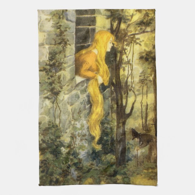 Vintage saga, Rapunzel med långt blont hår Kökshandduk (Vertikal)